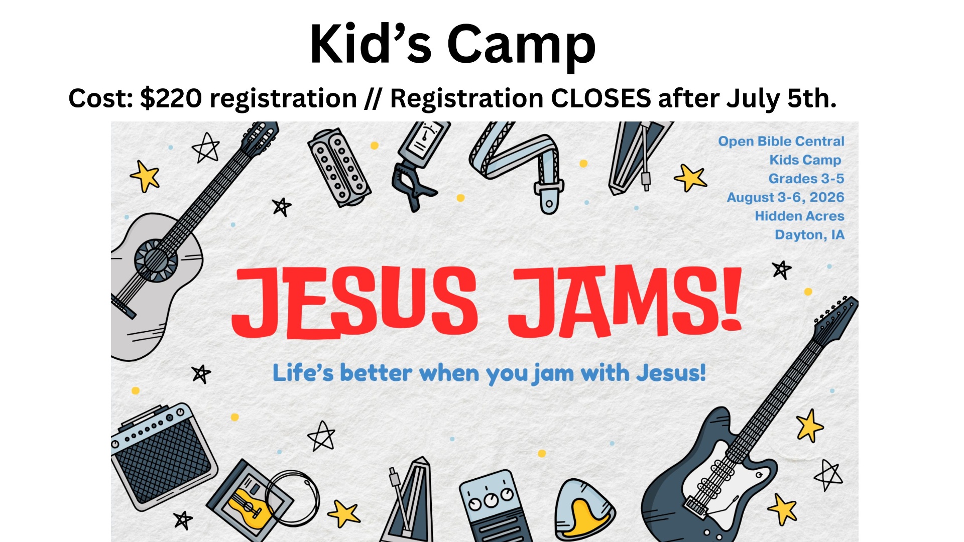 Open Bible Central Kids Camp — Jesus Jams! flyer