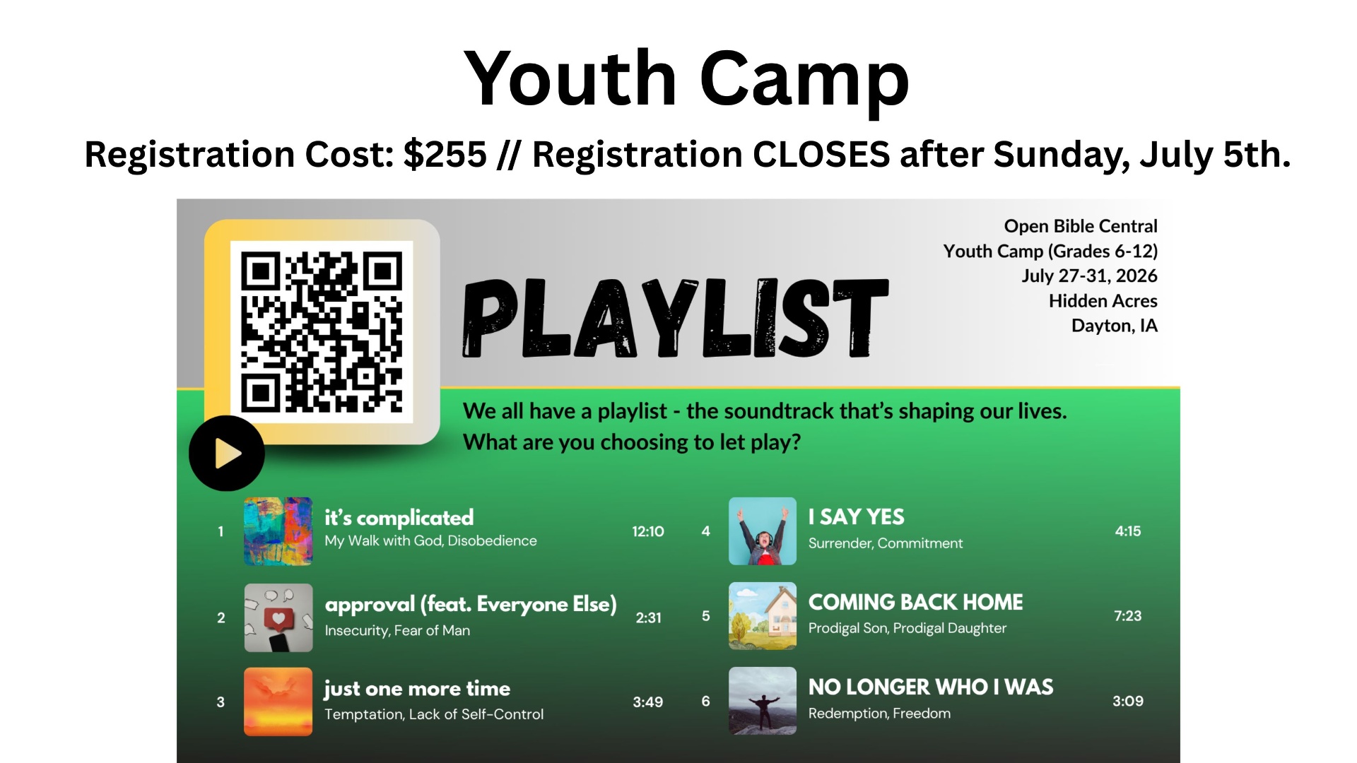 Open Bible Central Youth Camp — Playlist flyer